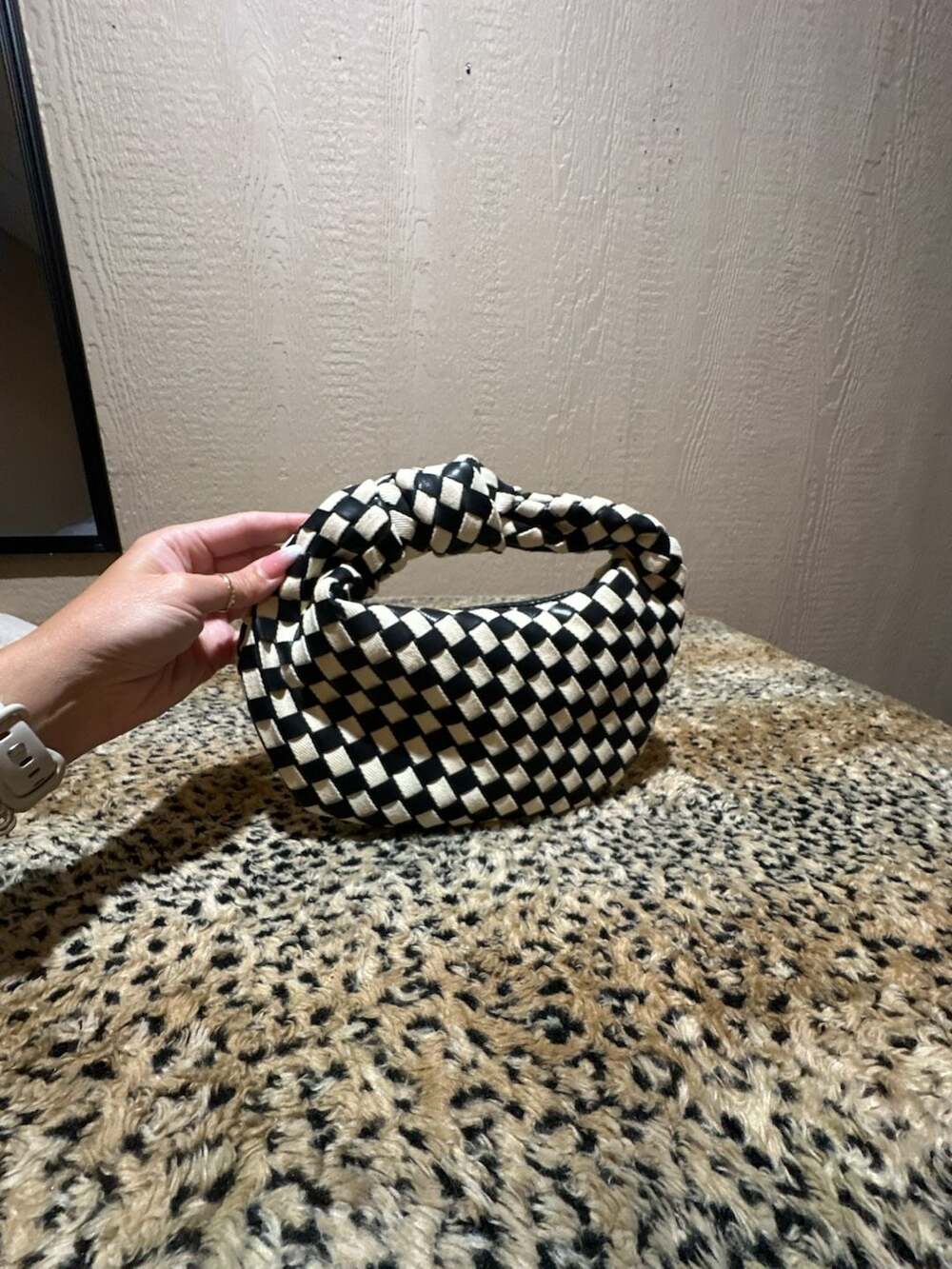 Urban Expressions Lizbeth Woven Knot Clutch Black White Checkered